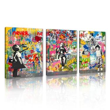 Imagem de Yeesjoee Banksy Canvas Wall Art Modern Street Graffiti Wall Art Graffiti Art Street Print Picture for Living Room Wall Decor, 30.5 cm x 40.6 cm x 3 peças