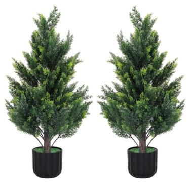 Imagem de Árvores de topiaria de cedro artificial, pacote com 2 plantas de cipreste de pinheiro falso para decoração de varanda da frente, plantas falsas realistas para casa, escritórios, decorações de Natal