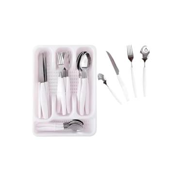 Imagem de Conjunto de Talheres 25 Peças, Faqueiro em Aço Inox com Porta Talheres, 6 Pessoas, Colheres, Garfos, Facas, Design Moderno, Branco