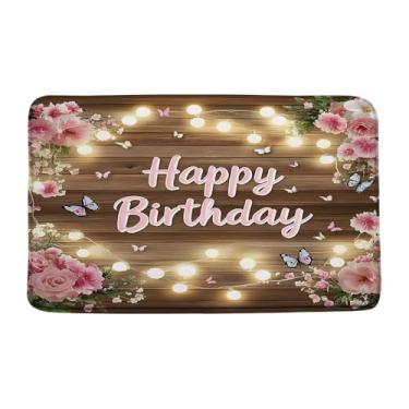 Imagem de JEJOMEAG Tapete de banho de feliz aniversário, placa de madeira rústica, fundo de festa de aniversário, tapete de casa de banho, tapete de casa de banho, 45 x 76 cm