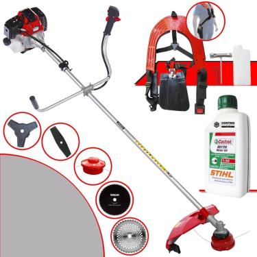 Imagem de Roçadeira Robusta Toyama RT52L À Gasolina 2HP 52cc Com Carretel, Faca 2 Pontas, Faca 3 Pontas, Faca 40 Dentes Vídea, Faca 80 Dentes + ÓLEO STIHL 2T