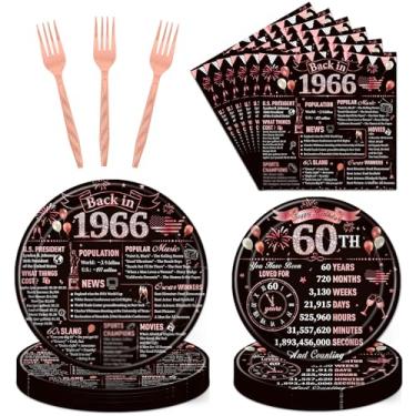 Imagem de Refavor Decorações de aniversário de 60 anos para mulheres, 96 peças, pratos e guardanapos de festa de aniversário em 1966, suprimentos de garfos e pratos, decoração de festa descartável de
