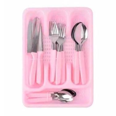 Imagem de Conjunto de Talheres Palmas 25 Peças com Organizador, Aço Inoxidável, Cabos Rosa em Polipropileno, Porta Talher Incluso