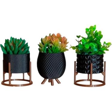 Imagem de Conjunto de 3 Vasos Decorativos com Suporte, Preto com Base em Cobre, Plantas Artificiais, Design Moderno para Decoração de Casa
