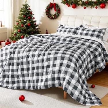 Imagem de Cmfshape Conjunto de edredom com estampa xadrez cinza e preto, 5 peças, cama reversível em uma bolsa, edredom king size com 4 fronhas para todas as estações, 104 x 90