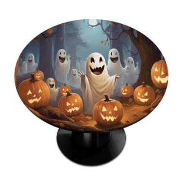 Imagem de hongjinglin Toalha de mesa redonda com borda elástica fantasmas engraçados abóbora justa toalha de mesa redonda limpa para ambientes internos e externos, pátio, jantar, cozinha, festival, decoração