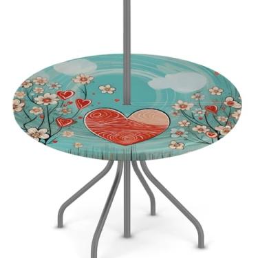 Imagem de hongjinglin Toalha de mesa ajustada para dia dos namorados ao ar livre com orifício para guarda-chuva, toalha de mesa redonda elástica com zíper, impermeável, limpável, para piquenique, festa, pátio