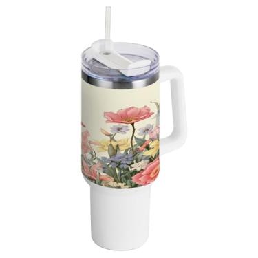 Imagem de xigua Copo vintage de flores silvestres de 1,134 g com alça e canudo, aço inoxidável duplo isolado a vácuo garrafa de água suporte de copo de garrafa de água amigável à prova de vazamento copo de