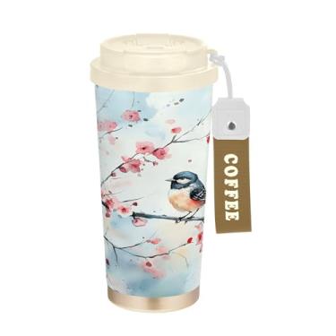 Imagem de SEHANY Caneca de viagem de pássaro colorida de 482 g Copos de café reutilizáveis revestidos de cerâmica com tampa à prova de vazamento, parede dupla, copo de café de aço inoxidável isolado a vácuo