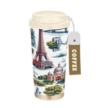 Imagem de SEHANY American Famous Landmarks Caneca de viagem de 482 g Copos de café reutilizáveis revestidos de cerâmica com tampa à prova de vazamento, parede dupla, isolamento a vácuo, copo de café de aço