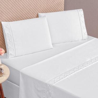 Imagem de Jogo De Cama 300 Fios Bordado Casal Padrão Infinity 04 Peças - Branco