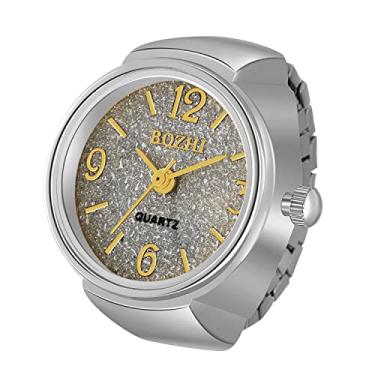 Imagem de JewelryWe Relógio de dedo masculino feminino banhado a ouro e prata anel elástico com mostrador redondo de glitter relógio de quartzo, para o dia dos namorados, prateado-gre