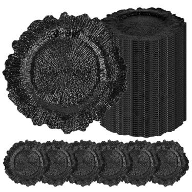 Imagem de 50 placas de carregamento pretas a granel placas de carregamento de plástico de 33 cm para prato de jantar, carregadores pretos para configuração de mesa, placa de design de recife, carregadores