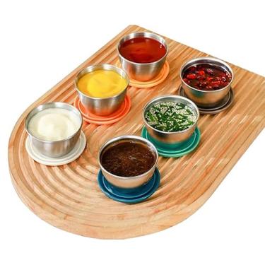 Imagem de Pacote com 6 recipientes de molho de salada de 48 g, copos de molho de aço inoxidável 304 espessos com tampas à prova de vazamento, recipientes de molho reutilizáveis para armazenamento de lancheira