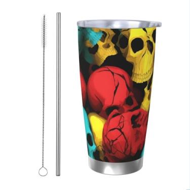 Imagem de Zeraoke Caneca de aço inoxidável com tampa de canudo de 590 ml, estampa de estampa de caveira, caneca de canudo de carro, mantém as bebidas frias para escritório, casa, funciona muito bem para bebidas