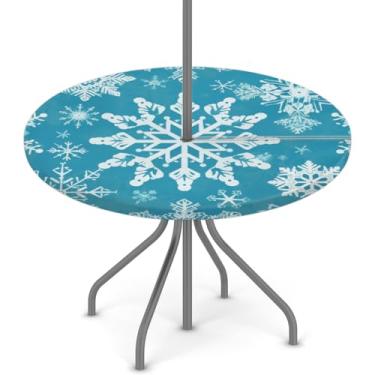 Imagem de Pardick Toalha de mesa redonda para uso ao ar livre com orifício para guarda-chuva, inverno, floco de neve, toalha de mesa redonda, impermeável, com zíper, elástico, capa de mesa de pátio, serve para