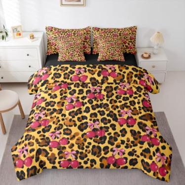 Imagem de Erosebridal Jogo de cama solteiro de 7 peças com laço de cereja rosa | Jogo de cama com estampa de leopardo, laço e laço, decoração moderna de quarto