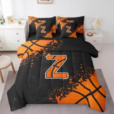 Imagem de Erosebridal Conjunto de edredom de basquete 3D com lençol - Monograma Z, conjunto de cama solteiro para meninos e meninas, tema esportivo, 7 peças, conjunto de cama em um saco, bola e jogos esportivos