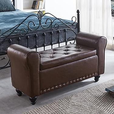Imagem de FAMEOYA Banco otomano de armazenamento armado de couro PU, banco de armazenamento de braço enrolado, moderno banco de cama tufado, banco de entrada de sapatos, banco de sofá de madeira - marrom 100 x