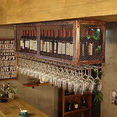 Imagem de APUM Rack de vinho de teto, suporte de copo de vinho de ferro suspenso, prateleira flutuante de bar retrô, suporte de garrafa de vinho, prateleiras de armazenamento doméstico de cozinha de restaurante