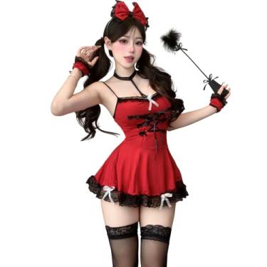 Imagem de Temptshow Women's cosplay maid lingerie hollowed out Halloween sexy French maid uniform (red)
