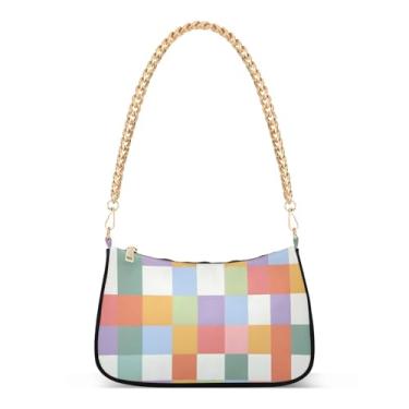 Imagem de CEBUGI Bolsas transversais femininas bolsa de ombro arco-íris quadriculado elegante bolsa clutch com alça de corrente