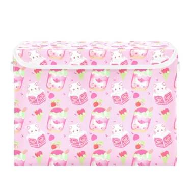 Imagem de WELLDAY Caixa de armazenamento de gatos fofos de desenho animado com tampas, bancos maiores dobráveis de armazenamento de tecido com alças para sala de estar, sala de jogos, quarto, berçário 40 x 32 x