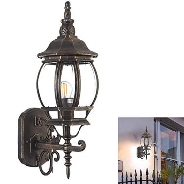 Imagem de Luminária de parede externa preta com lanterna, resistente às intempéries (IP44), estilo tradicional, em vidro, para pátio, jardim, varanda ou entrada.