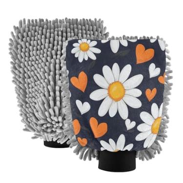 Imagem de STAYTOP Lindas luvas de lavagem de carro de pétalas de margarida, 2 peças, luvas de microfibra de chenille, sem arranhões, panos de esponja de lavagem ultra absorventes para carros, limpeza doméstica