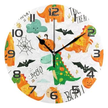 Imagem de YETTASBIN Relógio de parede de dinossauro de Halloween, silencioso, sem tique-taque, operado por bateria, relógio redondo decorativo criativo para cozinha, sala de estar, banheiro, decoração de
