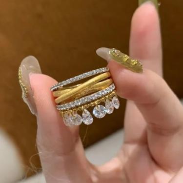 Imagem de Anel aberto feminino de zircônia cúbica com borla - banhado a ouro, design em camadas, joias de luxo leves para presente e uso diário
