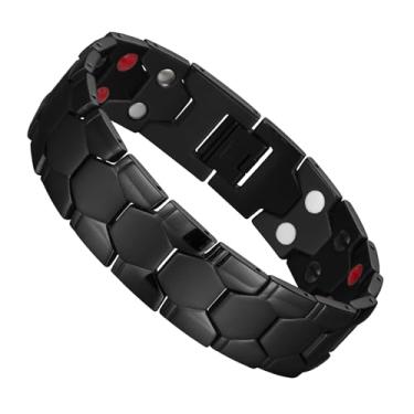 Imagem de QIAOZILI Pulseira magnética de terapia para homens, pulseiras magnéticas de aço inoxidável de 18 mm com ímãs de ultra força de fileira dupla, tamanho ajustável, joias de terapia magnética, presentes