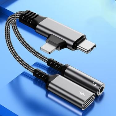 Imagem de 2 em 2 USB C para fone de ouvido e adaptador de carregador de 3,5 mm, certificado MFi, conector de áudio USB C para auxiliar com conector de carregamento rápido PD 60W, adaptador de fone de ouvido