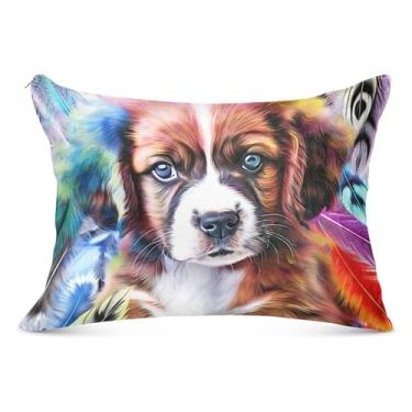 Imagem de Capa de almofada de flanela de cachorro fofo de cachorro colorido com zíper King Queen Capas de travesseiro padrão extra macias, tamanho padrão, 51 x 66 cm