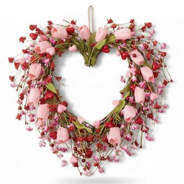 Imagem de Guirlanda de dia dos namorados, guirlanda de coração para decoração de porta da frente, guirlanda de tulipa rosa com baga de coração, para decoração de jantar à luz de velas e aniversário de casamento