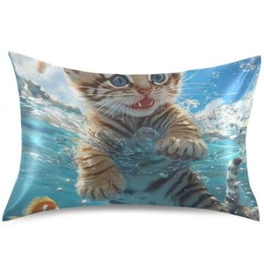 Imagem de Capa de almofada de cetim com pintura de animais fofos, almofada refrescante de animais fofos, capa de travesseiro padrão King Queen, tamanho king, 101,6 cm x 50,8 cm