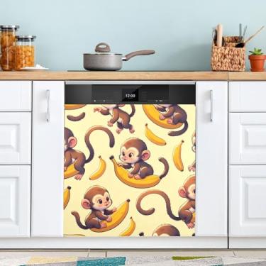 Imagem de Cute Monkey Bananas Adesivo para Máquina de Lavar Louça Capa Magnética Reutilizável para Lavadora e Secadora Capa Decorativa 58 x 66 cm
