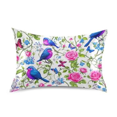 Imagem de Fronhas de cetim Engraçadas Refrescando Impressão Arte Padrão Queen King Travesseiros Fronhas de Cama Cuidados com o Cabelo Queen Size 76.2 cm x 50.8 cm Azul Pássaro Rosa Borboleta Colorida