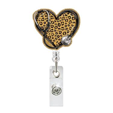 Imagem de Carretel de crachá de coração, estampa de leopardo, carretel retrátil de acrílico com glitter, clipe de crachá em forma de coração, porta-crachás de leopardo engraçados para médico, enfermeira