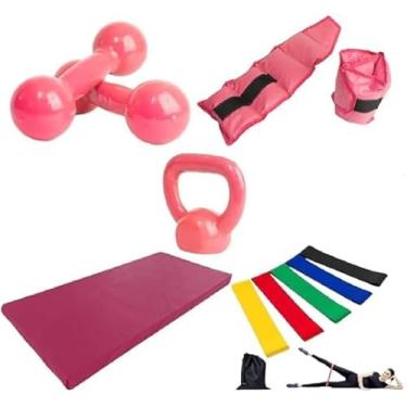 Imagem de Par Halter 1 Kg + Kettlebell 4 Kg + Par Caneleiras 2 Kg + Colchonete, Cor Rosa + 5 Elásticos Multifuncionais Coloridos