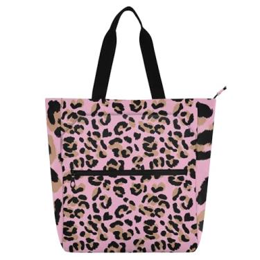 Imagem de GAIGEO Bolsa de ombro reutilizável preta marrom leopardo rosa para mulheres e crianças com compartimento de zíper bolsa de ombro reutilizável