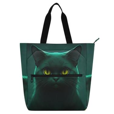 Imagem de GAIGEO Bolsa de trabalho engraçada de gato preto para mulheres, bolsa de lona com zíper, bolsa de praia para professores com compartimentos