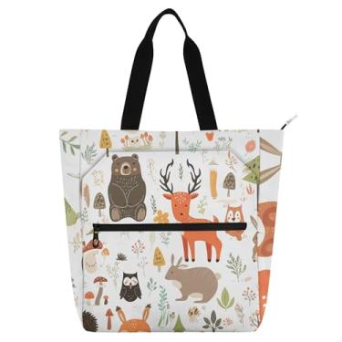 Imagem de GAIGEO Bolsa de ombro com zíper reutilizável com estampa de animais da floresta caprichosa para crianças e mulheres