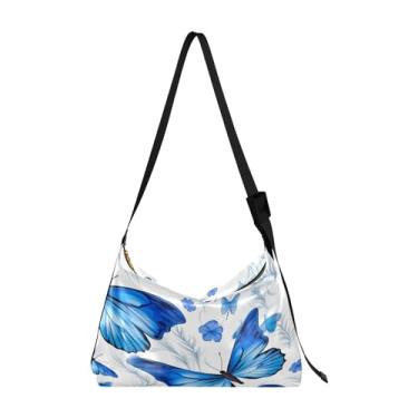 Imagem de Borboleta azul com uma bolsa tiracolo masculina de couro estrelado, bolsa transversal grande de couro, bolsa tiracolo Hobo, Coleção Blue Butterflies - 2, One Size