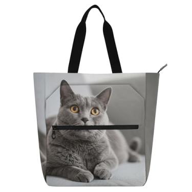 Imagem de GAIGEO Lindas bolsas de trabalho de gato cinza para mulheres, bolsas de tecido de lona, faculdade, escola, professor, presente para amantes de livros
