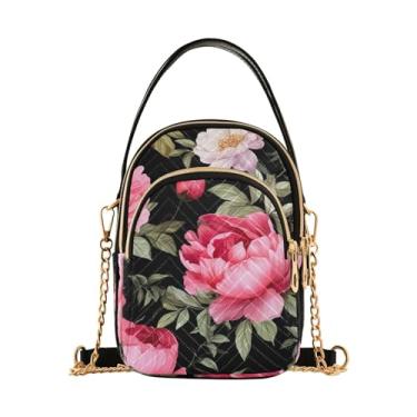 Imagem de Bolsa tiracolo com alça longa floral peônia rosa e verde, bolsa tiracolo feminina, bolsa leve para mulheres, Pintura em aquarela com flores de peônia em preto-1, One Size