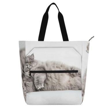 Imagem de GAIGEO Sacola cinza preguiçosa com estampa de gato para mulheres e crianças, bolsa de livros com zíper, escola, trabalho, viagem, bolsa reutilizável