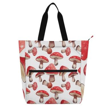 Imagem de GAIGEO Bolsas de trabalho brancas com cogumelos em aquarela vermelha para mulheres, bolsa de lona para escola de praia, bolsas femininas infantis com compartimentos