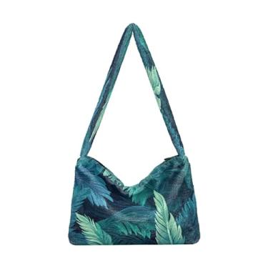 Imagem de Bolsa de ombro feminina floral e geométrica com flores, bolsa de ombro com zíper, bolsa de ombro feminina, Tropical com folhas de palmeira na azul-15, One Size