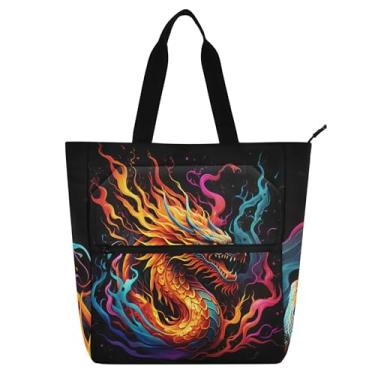 Imagem de Bolsa feminina vibrante com dragão de gelo e fogo bolsa de trabalho de lona para livros de praia com zíper lindas bolsas infantis presente para amantes de livros